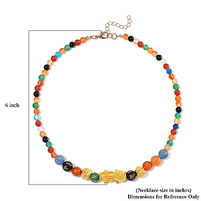 Agate and Black Obsidian Feng Shui Beaded Pixiu 210.00 ctw Necklace 18-20 Inches in Goldtone