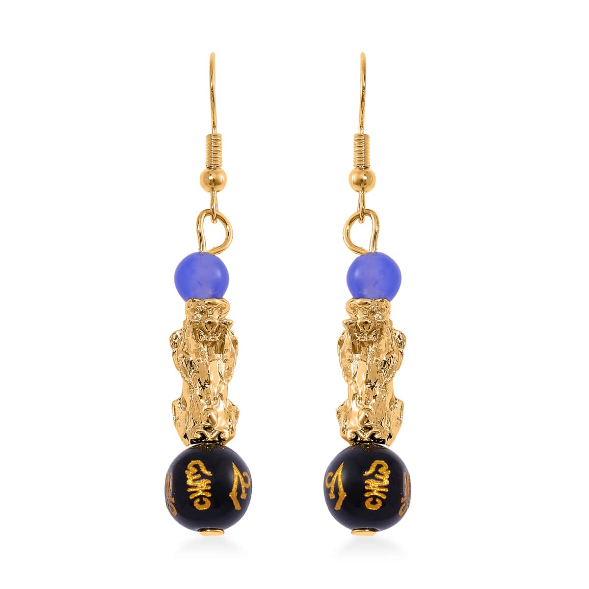 Multi Agate Engraved Buddhist & Pixiu 20.00 ctw Earrings in Goldtone  image number 0