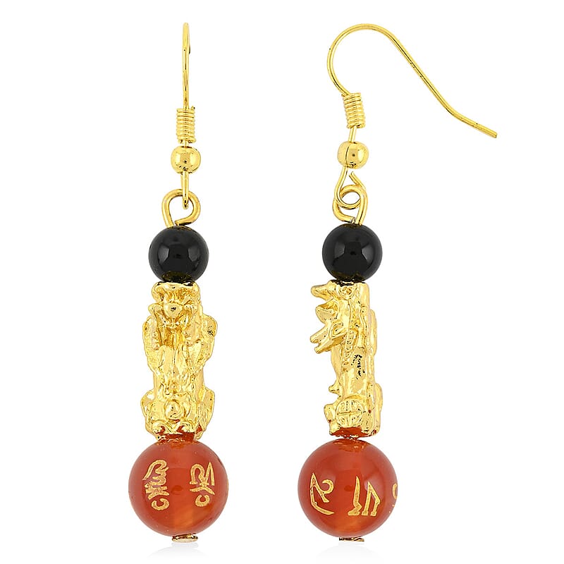 Multi Agate Engraved Buddhist & Pixiu 20.00 ctw Earrings in Goldtone 
