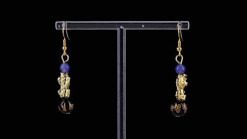 Multi Agate Engraved Buddhist & Pixiu 20.00 ctw Earrings in Goldtone