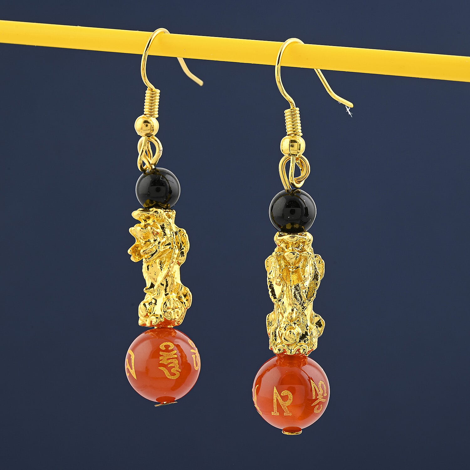 Multi Agate Engraved Buddhist & Pixiu 20.00 ctw Earrings in Goldtone 