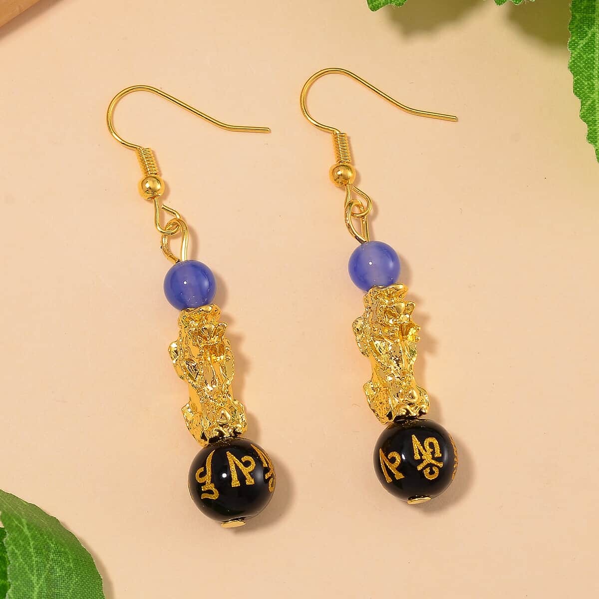 Multi Agate Engraved Buddhist & Pixiu 20.00 ctw Earrings in Goldtone  image number 1