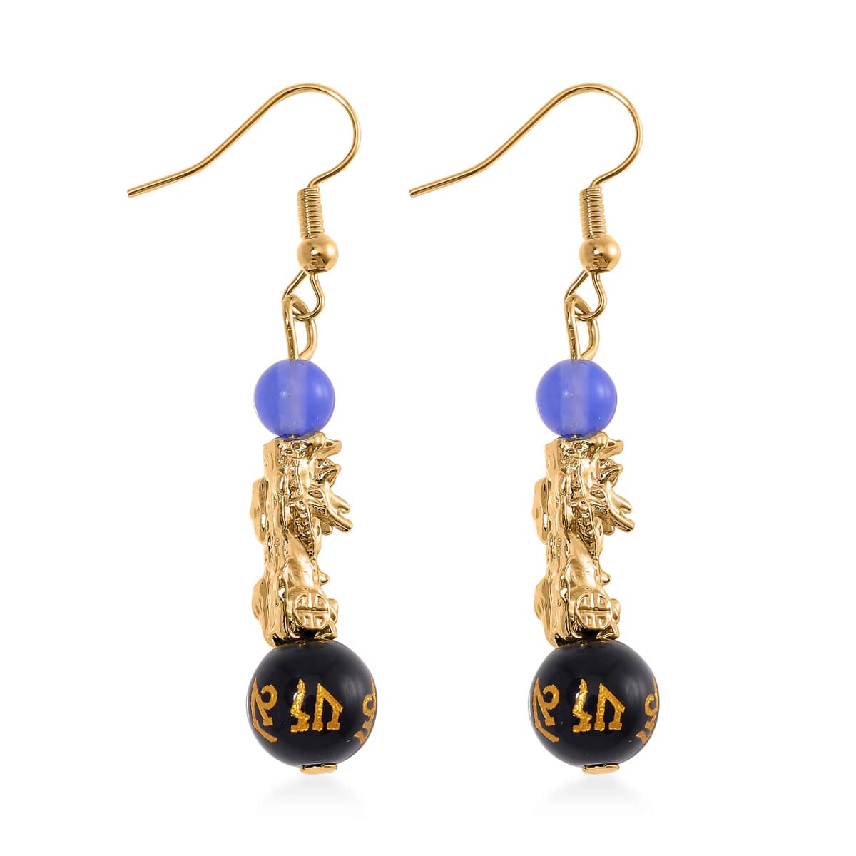 Multi Agate Engraved Buddhist & Pixiu 20.00 ctw Earrings in Goldtone  image number 3