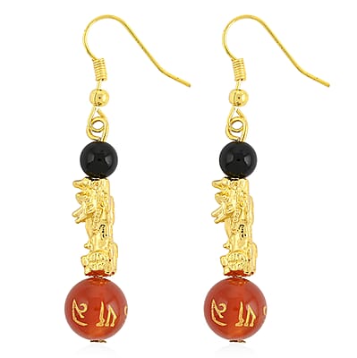 Multi Agate Engraved Buddhist & Pixiu 20.00 ctw Earrings in Goldtone 