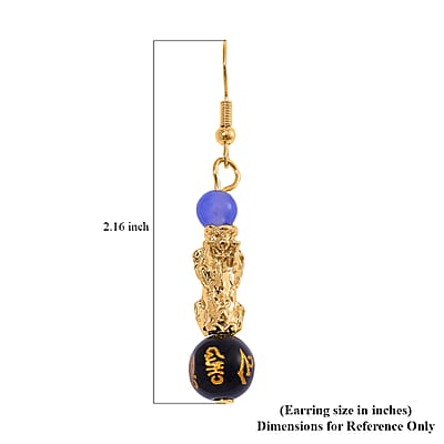 Multi Agate Engraved Buddhist & Pixiu 20.00 ctw Earrings in Goldtone 
