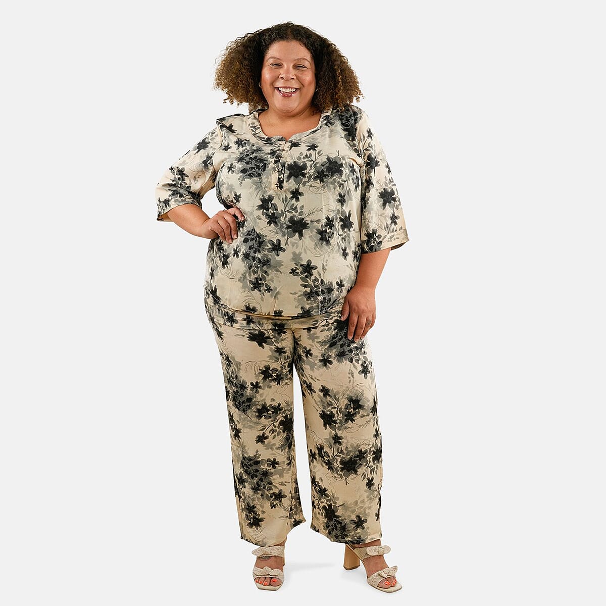 Tamsy Beige Floral 2 Piece Button Placket Digitally Printed Top and Pant Set - L/XL image number 0