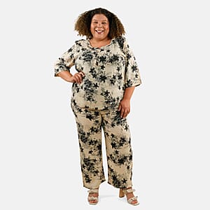 Tamsy Beige Floral 2 Piece Button Placket Digitally Printed Top and Pant Set - L/XL
