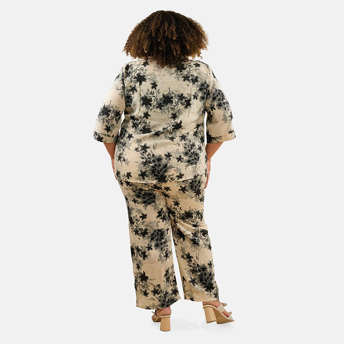Tamsy Beige Floral 2 Piece Button Placket Digitally Printed Top and Pant Set - L/XL image number 1