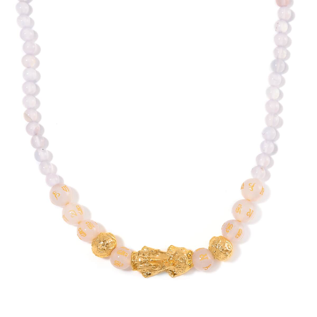 White Agate 9-11mm Engraved Feng Shui Beaded 185.50 ctw Necklace 18-20 Inches in Goldtone  image number 0