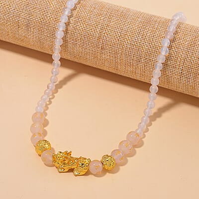 White Agate 9-11mm Engraved Feng Shui Beaded 185.50 ctw Necklace 18-20 Inches in Goldtone 
