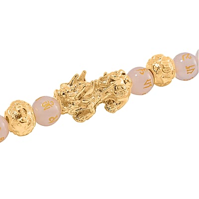 White Agate 9-11mm Engraved Feng Shui Beaded 185.50 ctw Necklace 18-20 Inches in Goldtone 