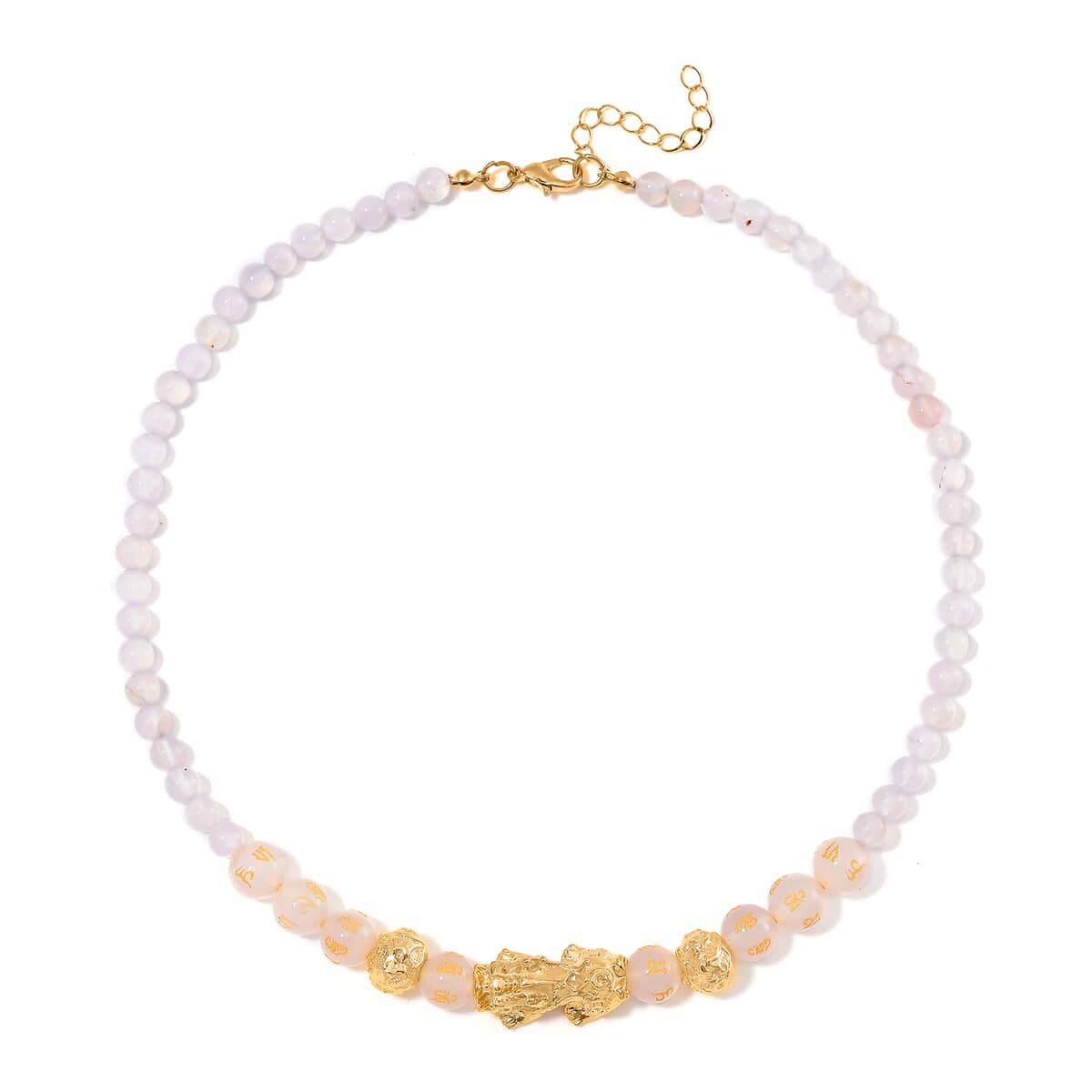 White Agate 9-11mm Engraved Feng Shui Beaded 185.50 ctw Necklace 18-20 Inches in Goldtone  image number 3