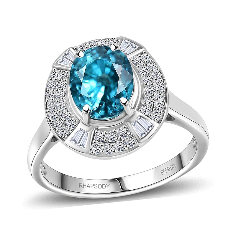 Certified & Appraised Rhapsody 950 Platinum AAAA Ratanakiri Blue Zircon, Diamond (E-F, VS) Ring (Size 10.0) (7 g) 5.71 ctw