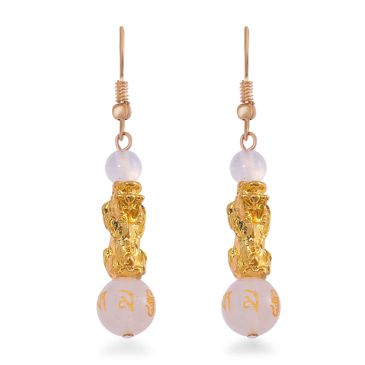 White Agate Engraved Buddhist, Pixiu 20.00 ctw Earrings in Goldtone  image number 0