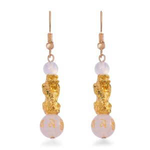 White Agate Engraved Buddhist, Pixiu 20.00 ctw Earrings in Goldtone 