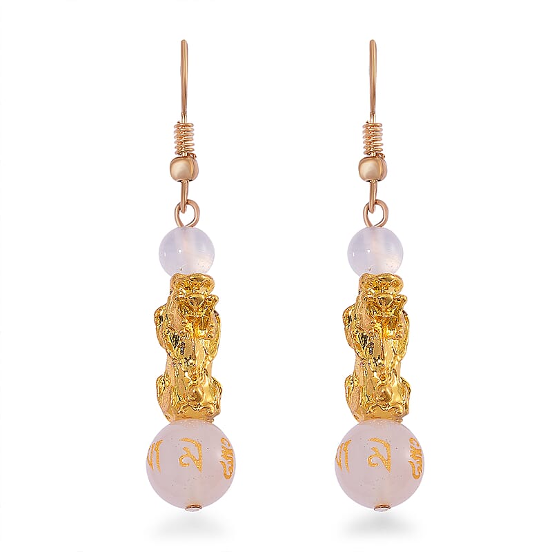 White Agate Engraved Buddhist, Pixiu 20.00 ctw Earrings in Goldtone 