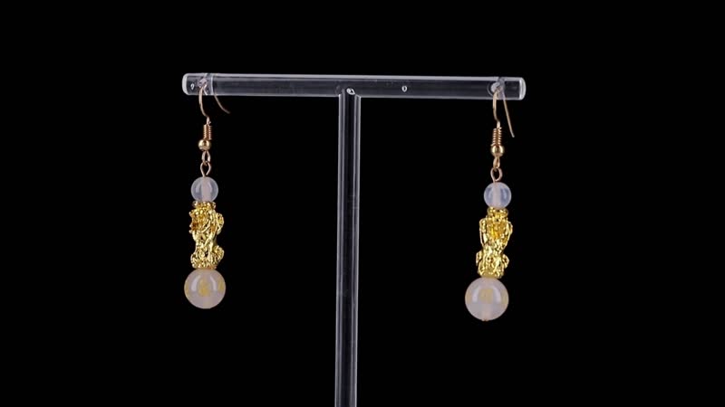 White Agate Engraved Buddhist, Pixiu 20.00 ctw Earrings in Goldtone