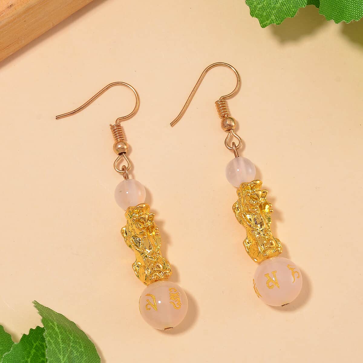 White Agate Engraved Buddhist, Pixiu 20.00 ctw Earrings in Goldtone  image number 1