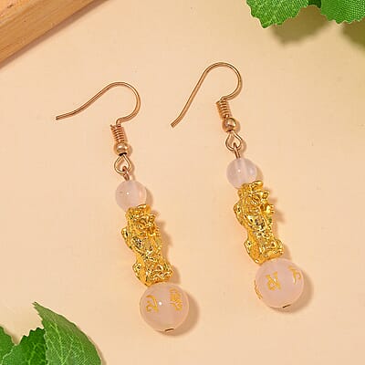 White Agate Engraved Buddhist, Pixiu 20.00 ctw Earrings in Goldtone 