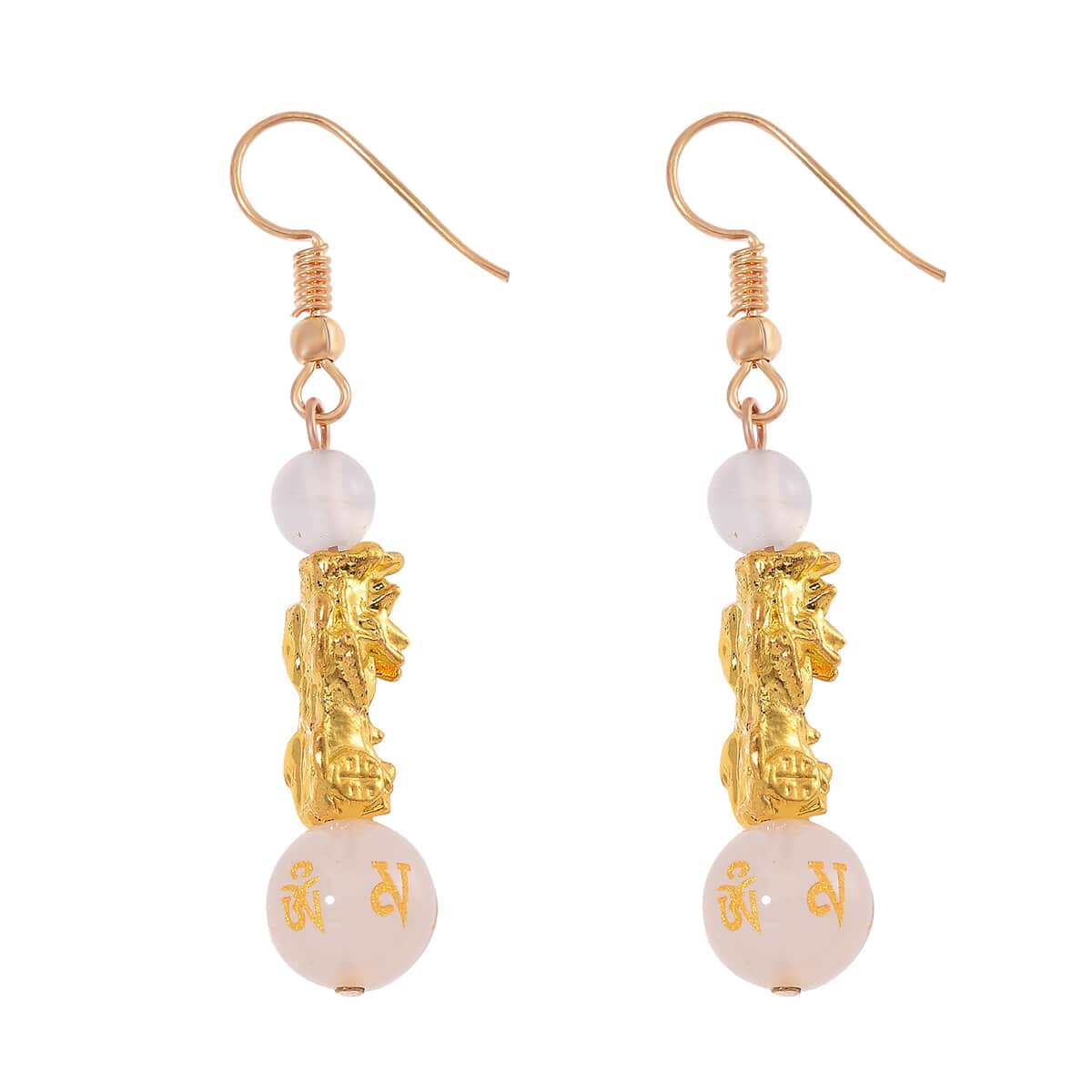 White Agate Engraved Buddhist, Pixiu 20.00 ctw Earrings in Goldtone  image number 3