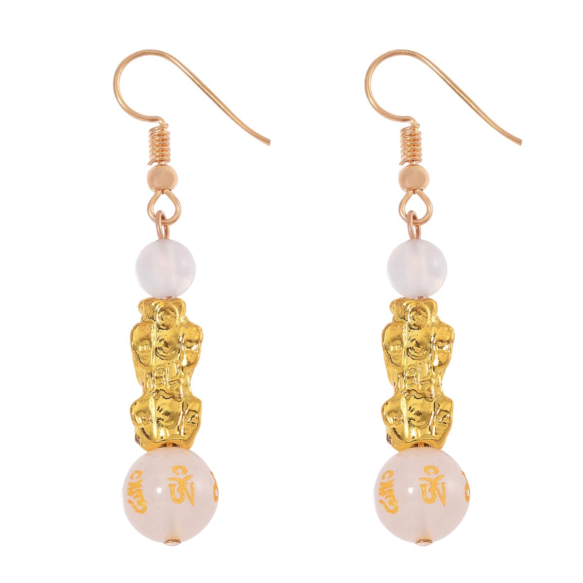 White Agate Engraved Buddhist, Pixiu 20.00 ctw Earrings in Goldtone  image number 4