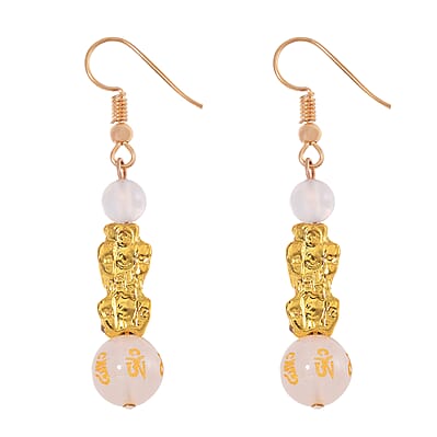 White Agate Engraved Buddhist, Pixiu 20.00 ctw Earrings in Goldtone 