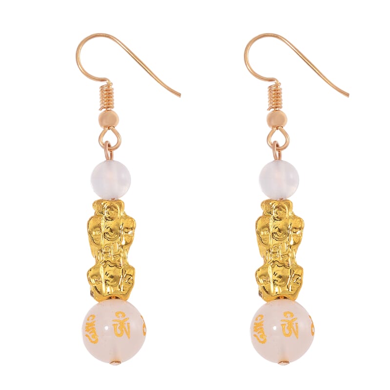 White Agate Engraved Buddhist, Pixiu 20.00 ctw Earrings in Goldtone 