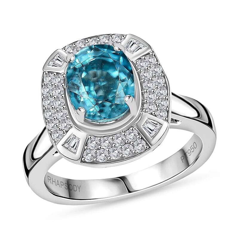 Rhapsody 950 Platinum AAAA Ratanakiri Blue Zircon, Diamond (E-F, VS) (0.57 cts) Ring (Size 10.0) (7.85 g) 6.00 ctw