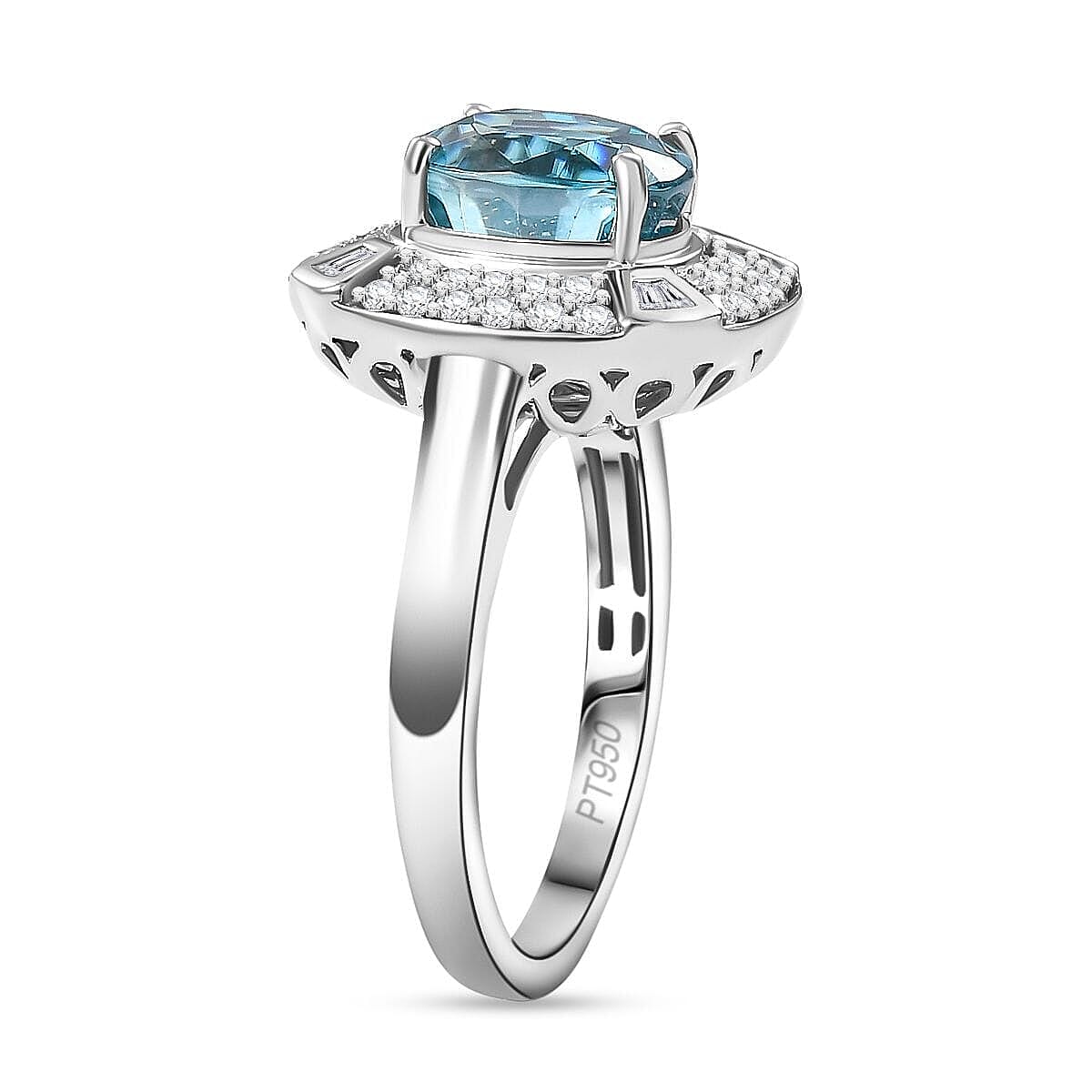 Rhapsody 950 Platinum AAAA Ratanakiri Blue Zircon, Diamond (E-F, VS) (0.57 cts) Ring (Size 10.0) (7.85 g) 6.00 ctw