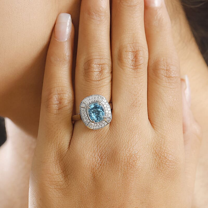 Rhapsody AAAA Ratanakiri Blue Zircon and E-F VS Diamond 6.00 ctw Ring in 950 Platinum (Size 8.0) 7.85 Grams