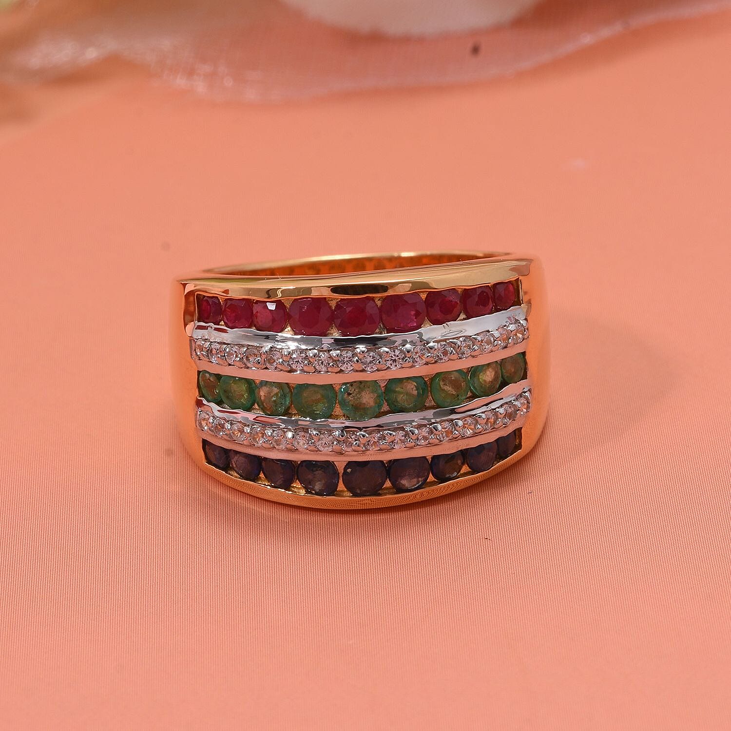 Multi Gemstone 2.10 ctw Multi Row Band Ring in Vermeil Yellow Gold Over Sterling Silver (Size 5.0)