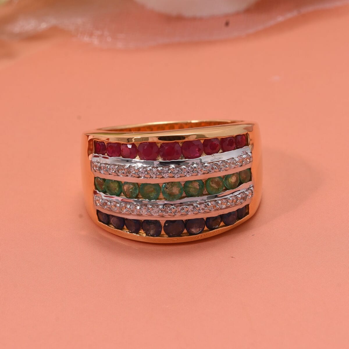 Multi Gemstone 2.10 ctw Multi Row Band Ring in Vermeil Yellow Gold Over Sterling Silver (Size 6.0) image number 1
