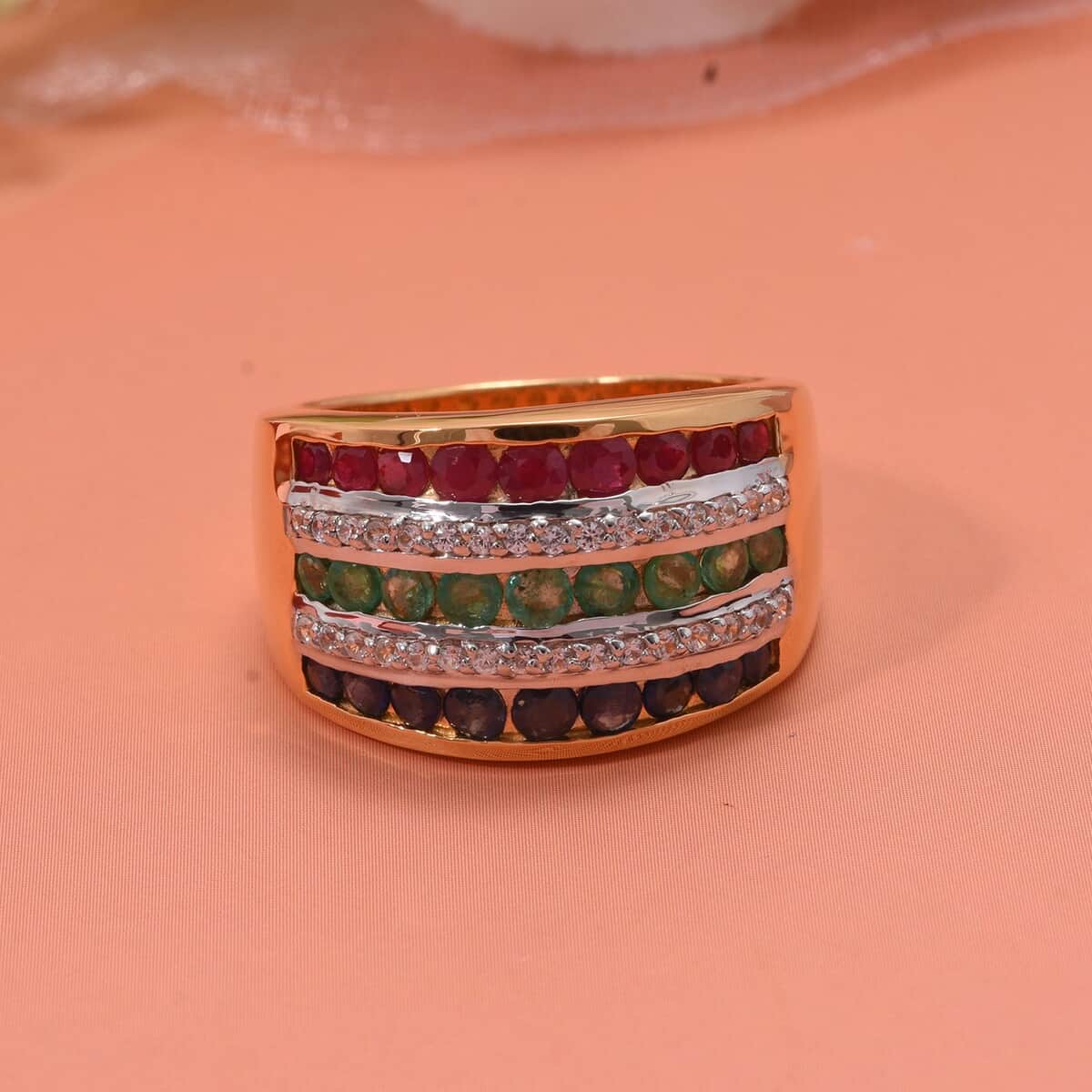 Doorbuster Multi Gemstone 2.10 ctw Multi Row Band Ring in Vermeil Yellow Gold Over Sterling Silver (Size 8.0) image number 1