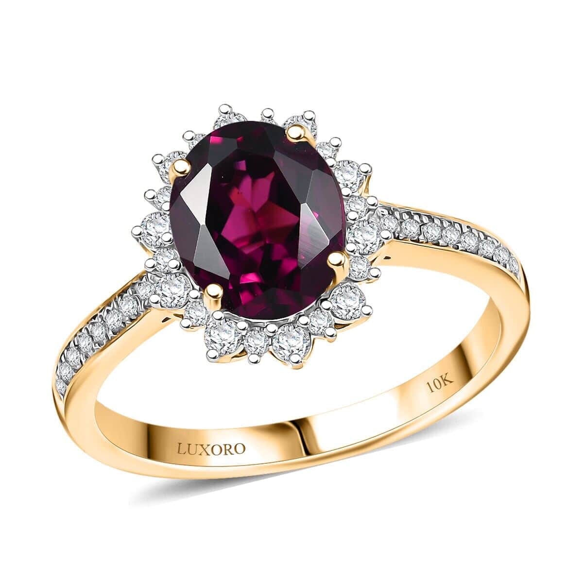Certified & Appraised Luxoro 10K Yellow Gold AAA Radiant Ember Garnet, Diamond (I2) (0.52 cts) Sunburst Ring (Size 8.5) 3.70 ctw image number 0