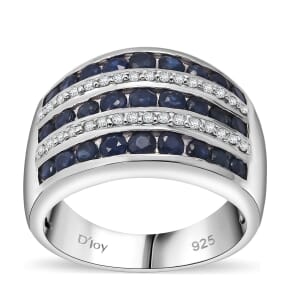 Kanchanaburi Blue Sapphire and White Zircon 2.25 ctw Multi Row Band Ring in Rhodium Over Sterling Silver (Size 6.0)