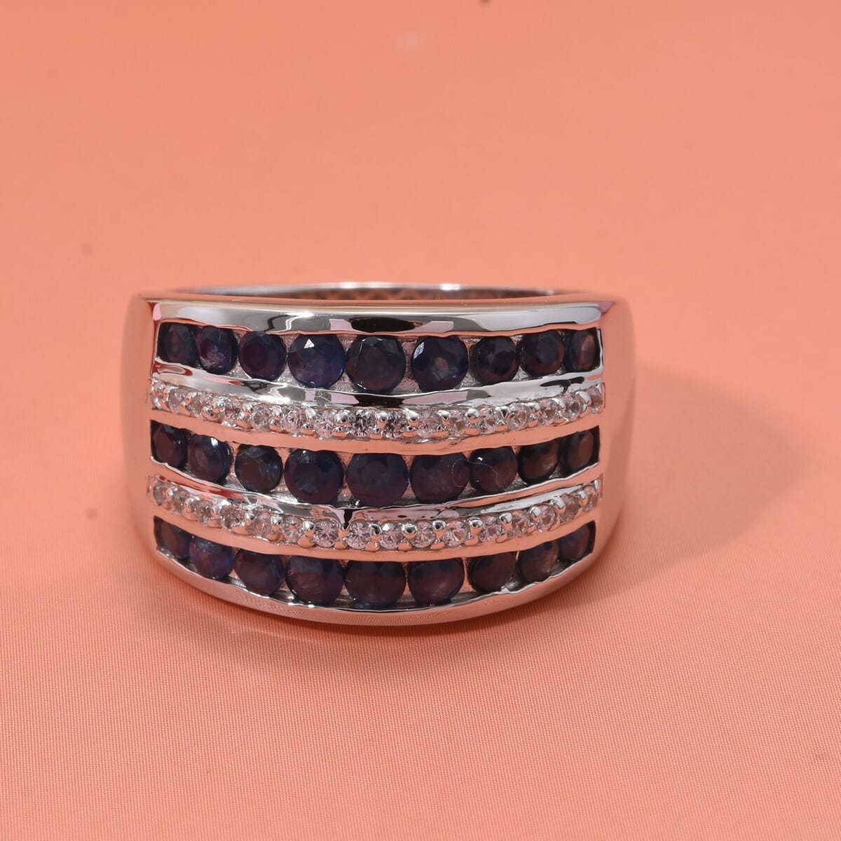 Kanchanaburi Blue Sapphire and White Zircon 2.25 ctw Multi Row Band Ring in Rhodium Over Sterling Silver (Size 6.0) image number 1