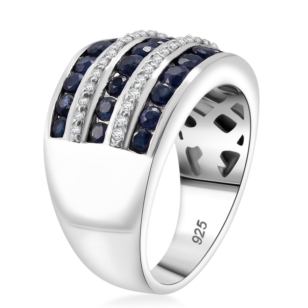 Kanchanaburi Blue Sapphire and White Zircon 2.25 ctw Multi Row Band Ring in Rhodium Over Sterling Silver (Size 6.0) image number 3