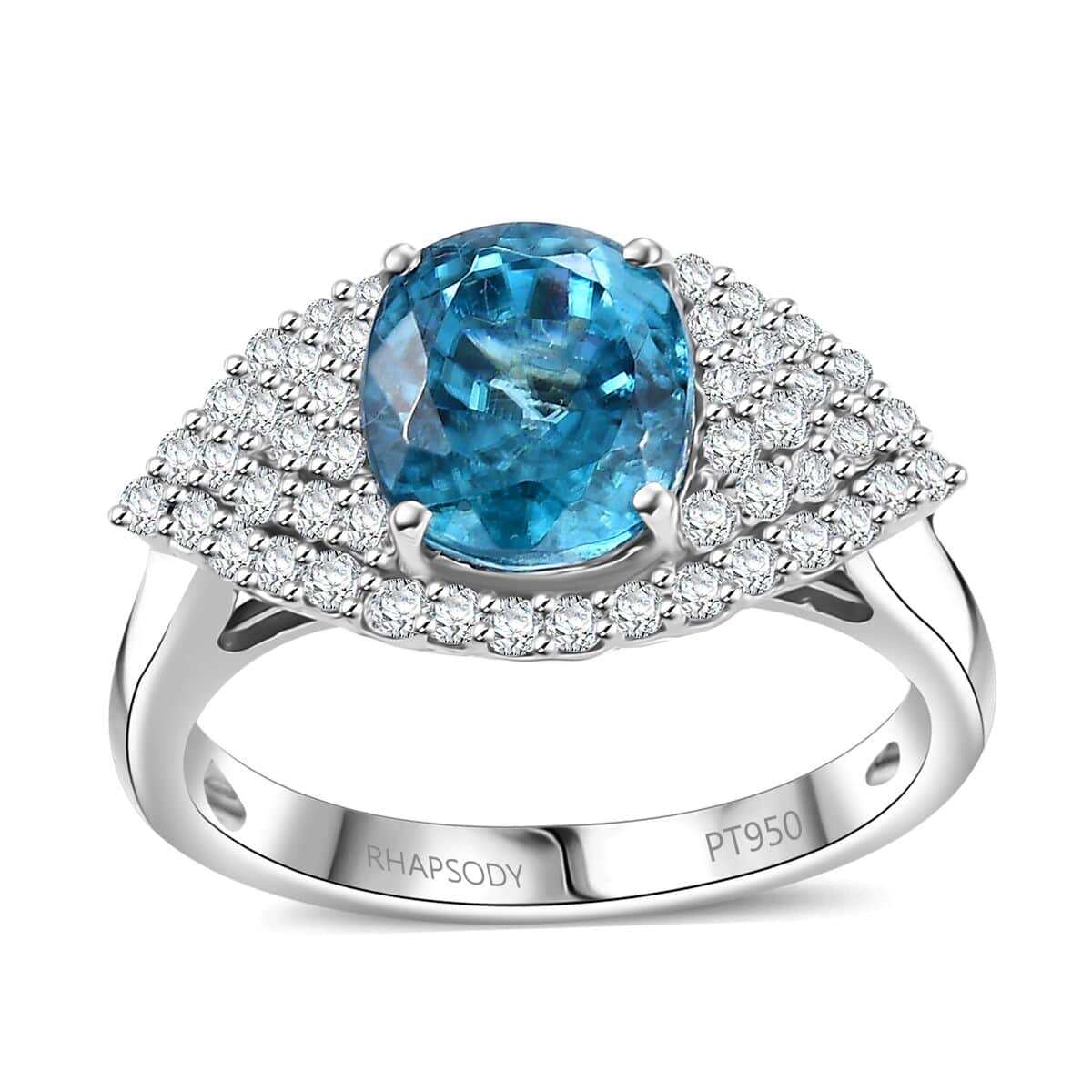 Doorbuster Rhapsody 950 Platinum AAAA Ratanakiri Blue Zircon, Diamond (E-F, VS) (0.51 cts) Ring (Size 10.0) (6.80 g) (Del. in 7-10 Days) 4.75 ctw image number 0