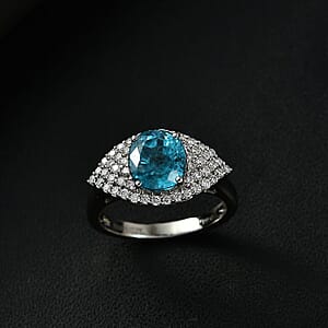 Rhapsody 950 Platinum AAAA Ratanakiri Blue Zircon, Diamond (E-F, VS) (0.51 cts) Ring (Size 8.5) (6.80 g) 4.75 ctw