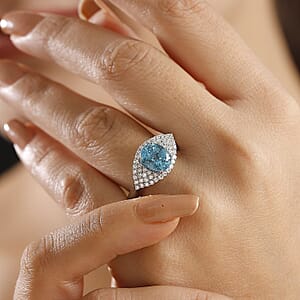 Rhapsody 950 Platinum AAAA Ratanakiri Blue Zircon, Diamond (E-F, VS) (0.51 cts) Ring (Size 8.5) (6.80 g) 4.75 ctw