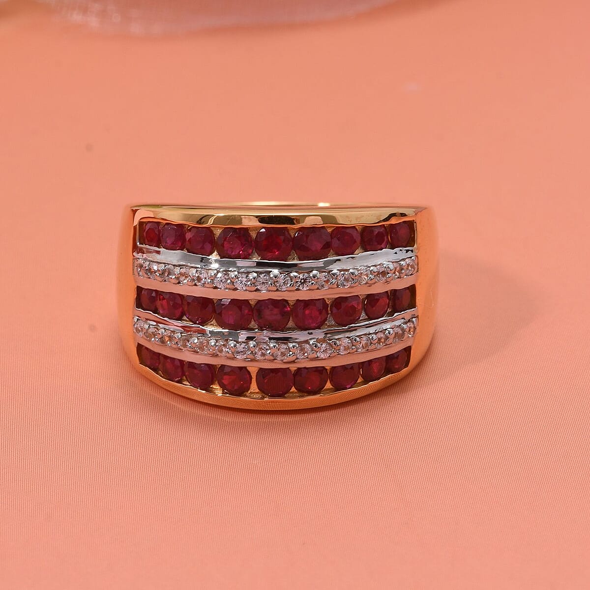 Mozambique Ruby and White Zircon 1.90 ctw Multi Row Band Ring in Vermeil Yellow Gold Over Sterling Silver (Size 7.0) image number 1