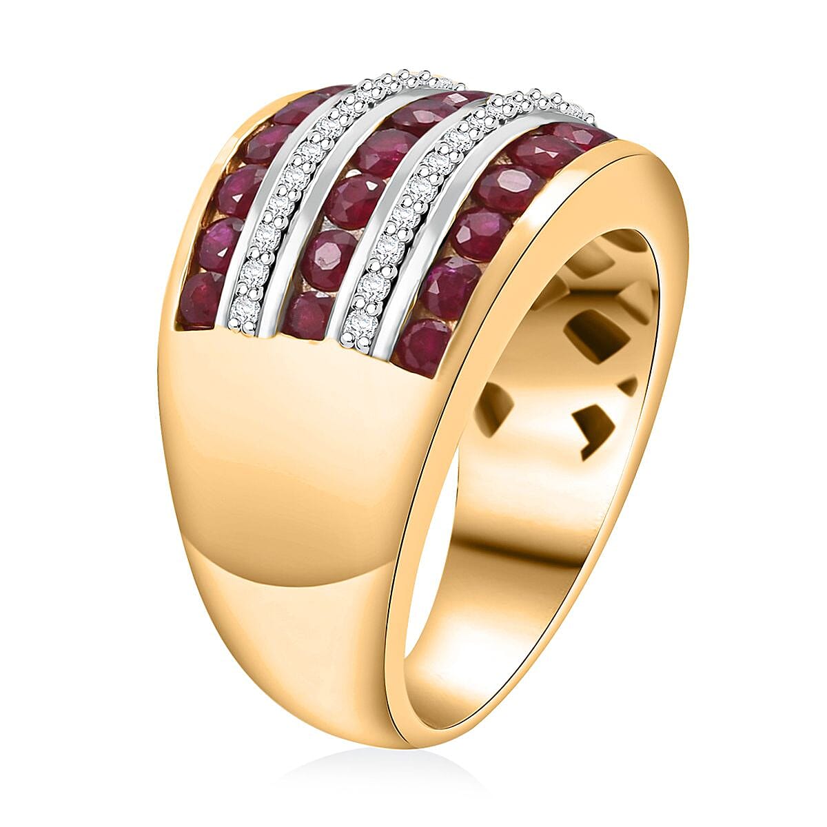 Mozambique Ruby and White Zircon 1.90 ctw Multi Row Band Ring in Vermeil Yellow Gold Over Sterling Silver (Size 7.0) image number 3