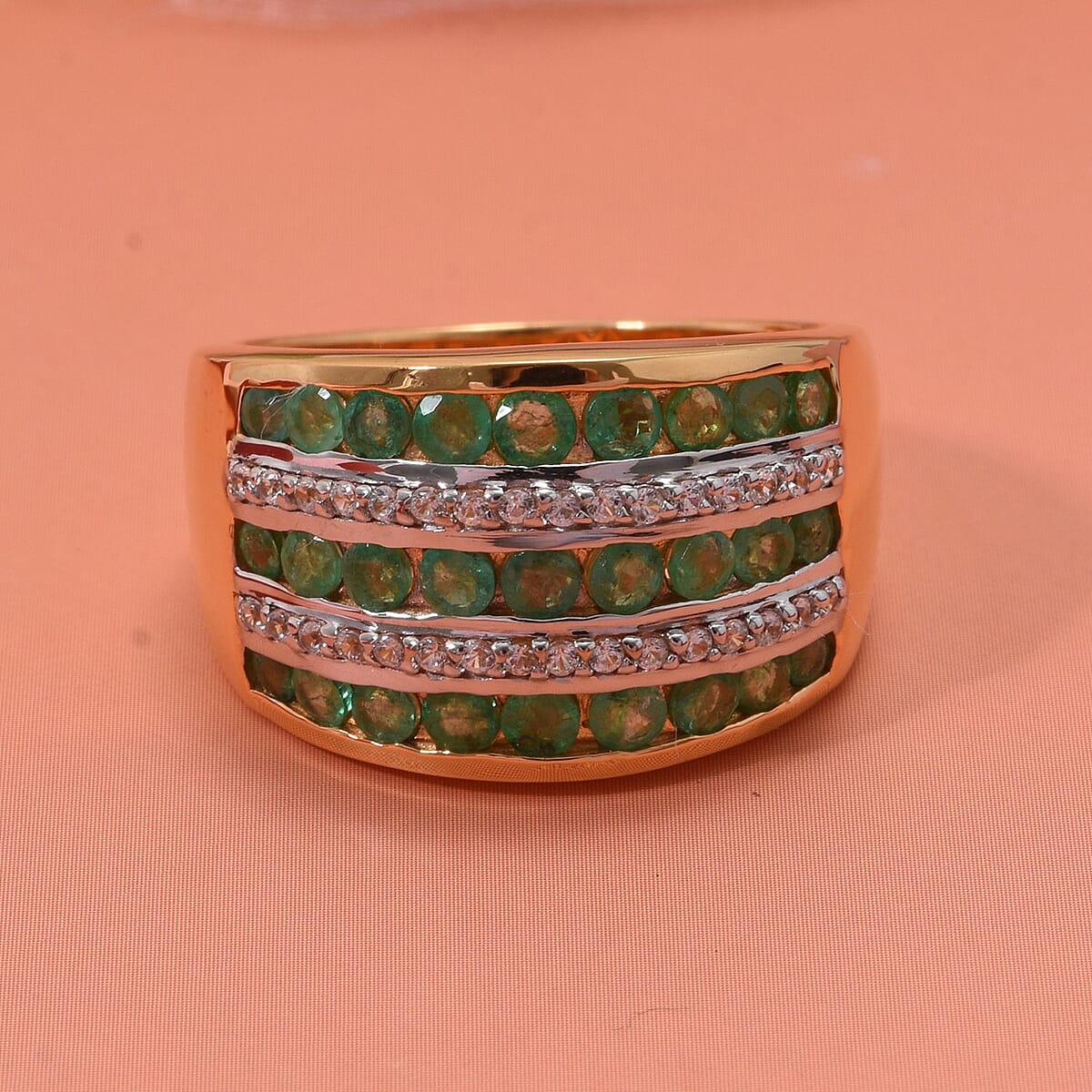 Kagem Zambian Emerald and White Zircon 2.20 ctw Multi Row Band Ring in Vermeil Yellow Gold Over Sterling Silver (Size 8.0) image number 1