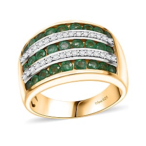 Kagem Zambian Emerald and White Zircon 2.20 ctw Multi Row Band Ring in Vermeil Yellow Gold Over Sterling Silver (Size 9.0)