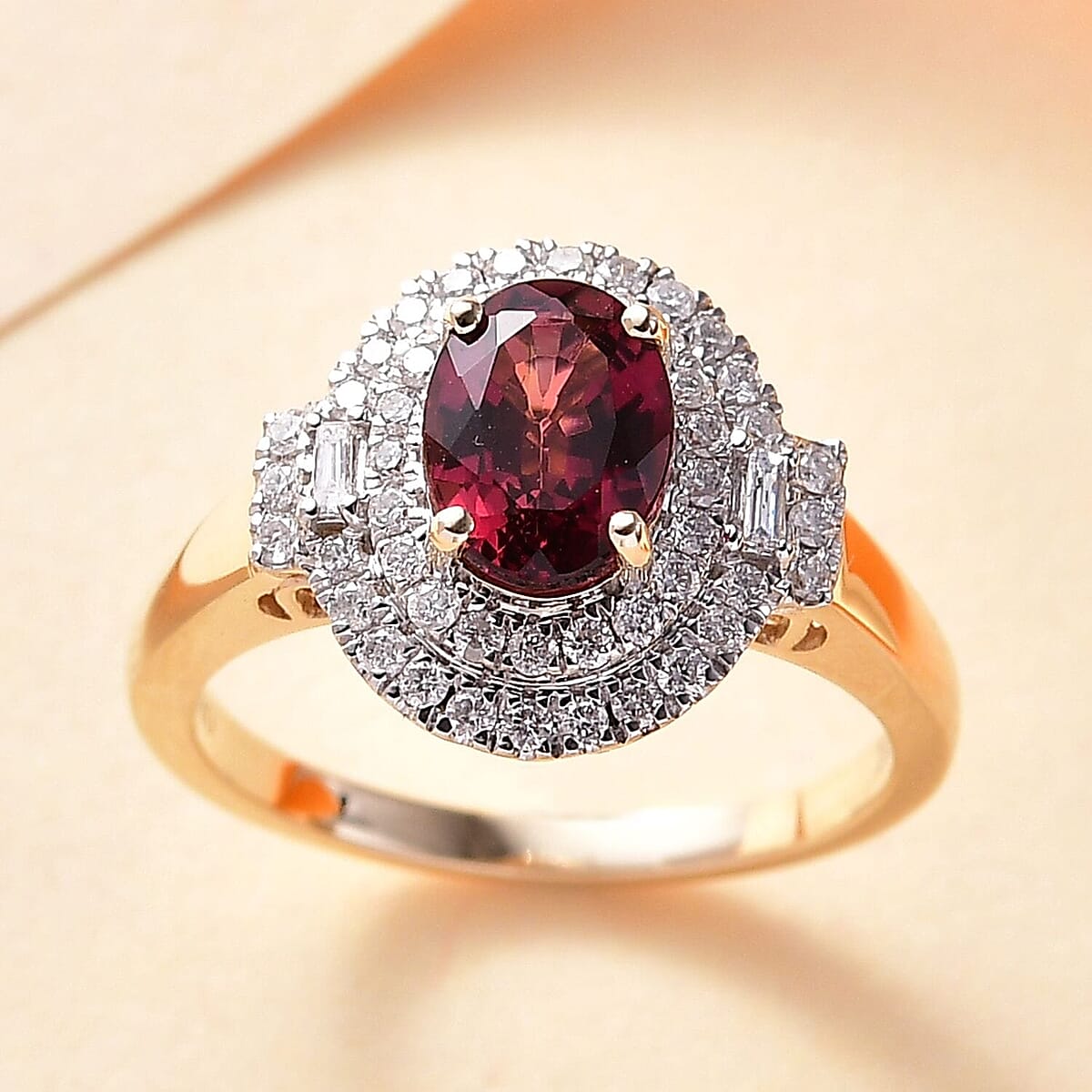 Doorbuster Certified & Appraised Luxoro 10K Yellow Gold AAA Ouro Fino Rubellite, Diamond (G-H, I2) (0.42 Carat Double Halo Ring (Size 6.0) (Del. in 7-10 Days) 1.74 Carat Total Weight image number 1