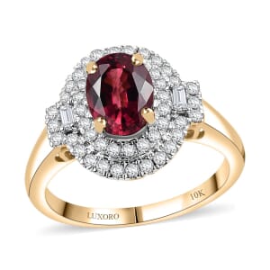 Certified & Appraised Luxoro AAA Ouro Fino Rubellite and G-H I2 Diamond 1.74 ctw Double Halo Ring in 10K Yellow Gold (Size 6.0)