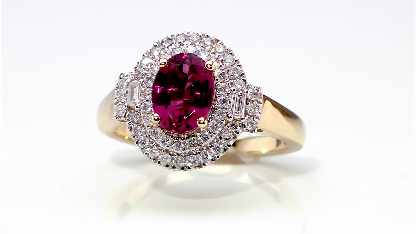 Doorbuster Certified & Appraised Luxoro 10K Yellow Gold AAA Ouro Fino Rubellite, Diamond (G-H, I2) (0.42 Carat Double Halo Ring (Size 6.0) (Del. in 7-10 Days) 1.74 Carat Total Weight