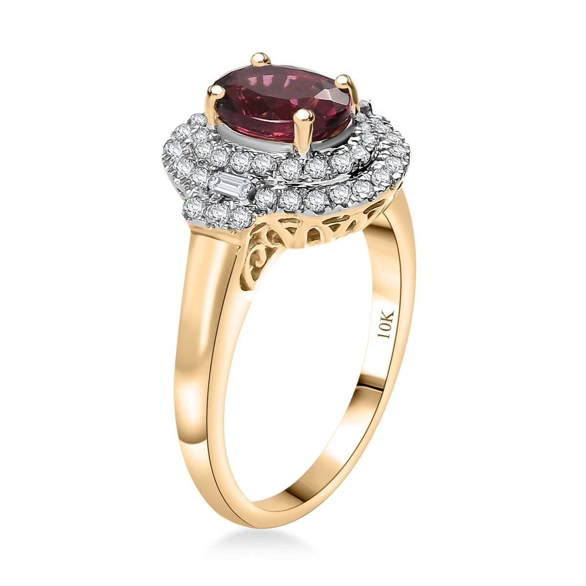 Certified & Appraised Luxoro AAA Ouro Fino Rubellite and G-H I2 Diamond 1.74 ctw Double Halo Ring in 10K Yellow Gold (Size 6.0) image number 3