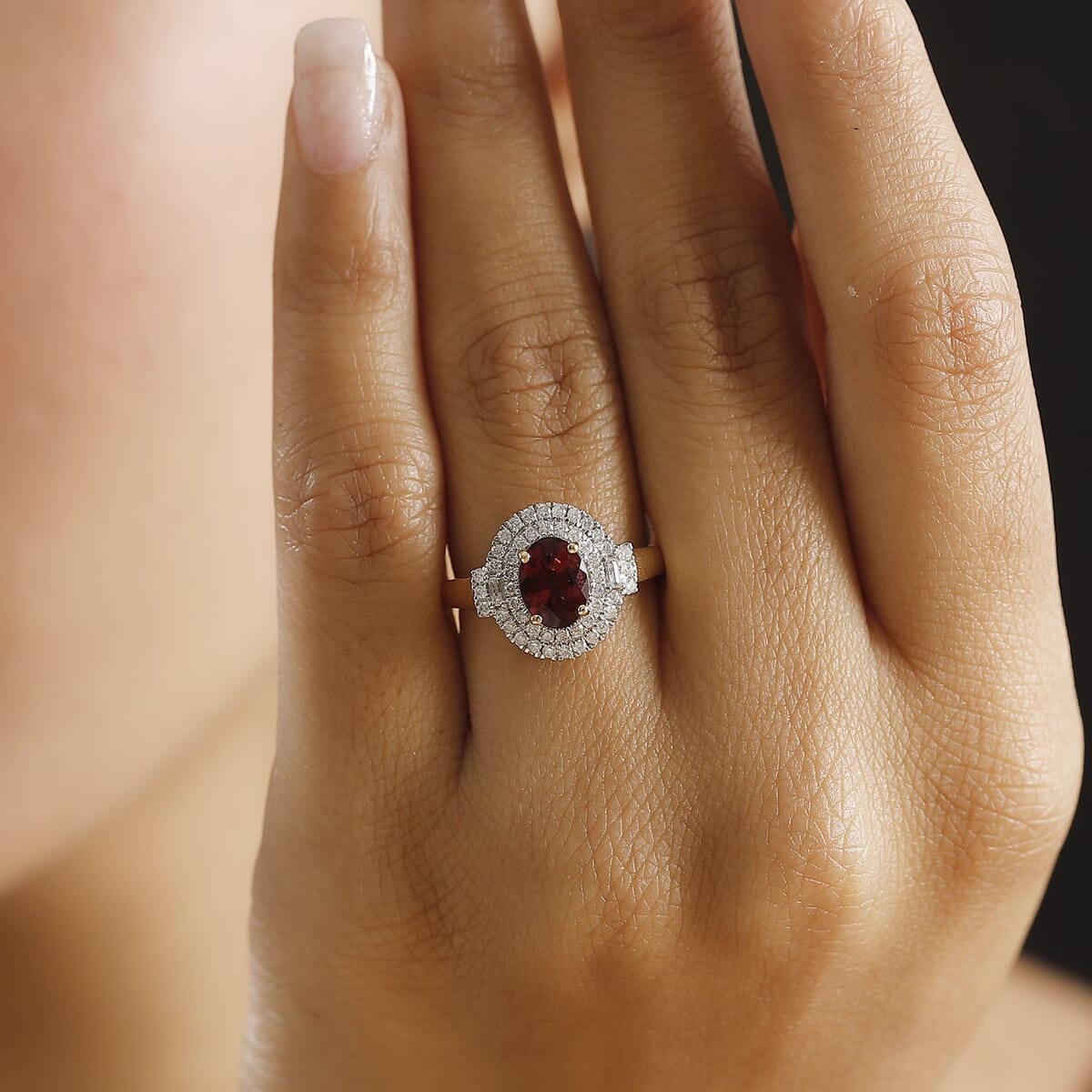Certified & Appraised Luxoro 10K Yellow Gold AAA Ouro Fino Rubellite, Diamond (G-H, I2) (0.42 cts) Double Halo Ring (Size 7.0) image number 2