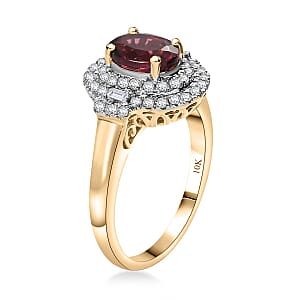 Certified & Appraised Luxoro 10K Yellow Gold AAA Ouro Fino Rubellite, Diamond (G-H, I2) (0.42 cts) Double Halo Ring (Size 7.0)